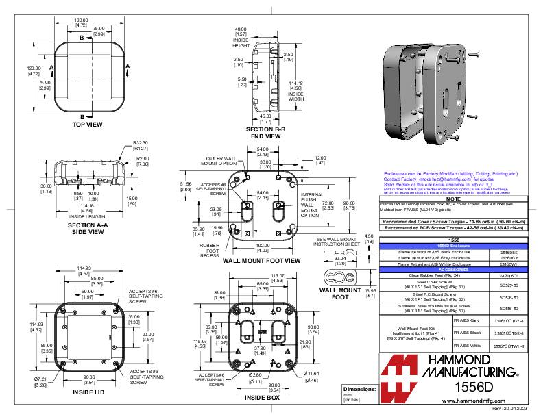 Rysunek techniczny obudowy prostokątnej z różnymi widokami i wymiarami. Producent: Hammond Manufacturing. Model: 1556D.