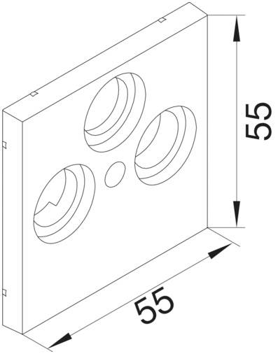 Szkic białej, kwadratowej kratki wentylacyjnej z trzema okrągłymi otworami, o długości boku 55 mm. Odpowiednia do systemów wentylacyjnych.