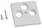 Biała kwadratowa płyta z czterema okrągłymi otworami i dwoma przynależnymi śrubami, prawdopodobnie element zestawu montażowego.