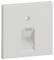 Biała plastikowa osłona gniazda wtyczkowego w kształcie kwadratu z centralnym otworem i prostokątną, przezroczystą wkładką u dołu.