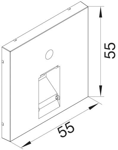 Rysunek techniczny części kwadratowej o wymiarach 55x55. Przedstawia centralne wycięcie oraz fazowaną krawędź.