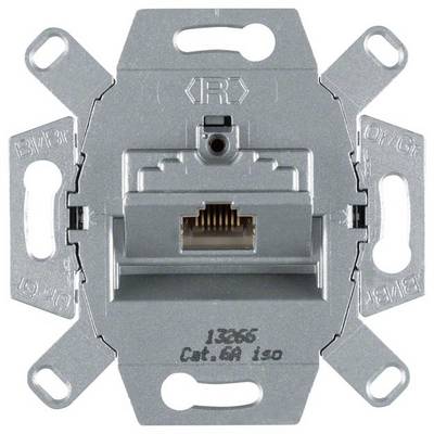 Gniazdo sieciowe z gniazdem RJ45, odpowiednie do montażu podtynkowego. Obudowa w kolorze srebrnym z otworami mocującymi.