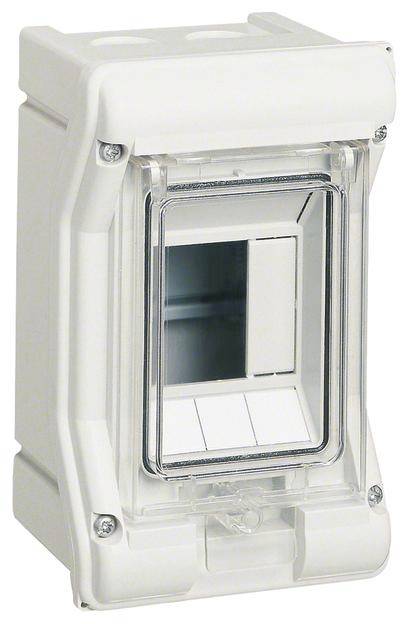 Białoobudowa elektryczna z przezroczystą pokrywą, odpowiednia do zastosowań wewnętrznych i zewnętrznych, prezentująca dwa przełączniki wewnątrz.