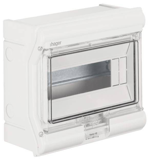 Biały skrzynka bezpiecznikowa firmy Hager z przezroczystą przednią pokrywą i widocznymi wkładkami.