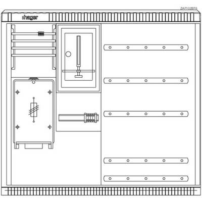 Rozdzielnica elektryczna 'Schneider Electric' z różnymi przyłączami i przełącznikami na technicznym planie instalacyjnym.