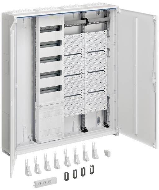 Otwarty rozdzielnik elektryczny z modułami i podłączeniami kabli; akcesoria umieszczone poniżej. Odpowiedni do zastosowań w sieciach teleinformatycznych lub telekomunikacyjnych.