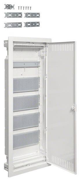 Otwarty szafka z perforowanymi półkami i drzwiczkami. Powyżej leżą śruby i zawiasy przygotowane do montażu.