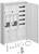 Otwarty rozdzielnik elektryczny z wieloma przegrodami i elementami elektrycznymi. Na podłodze rozrzucone są różne kable i elementy połączeniowe.