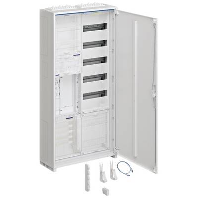 Otwarty rozdzielnik elektryczny z wieloma przegrodami i osprzętem kablowym na dole. Szafa jest pusta i ukazuje swoje wnętrze.