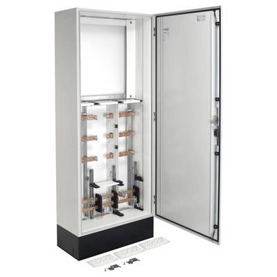 Otwarty rozdzielnik elektryczny z miedzianymi przewodami i materiałami montażowymi. Odpowiedni do instalacji elektrycznych. Akcesoria znajdują się poniżej.