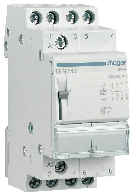 'Przekaźnik elektromagnetyczny Hager EPN 540, 16A, 250/400V~ o częstotliwości 50Hz. Pokazuje zaciski przyłączeniowe i przełącznik kołyskowy do instalacji elektrycznych.'