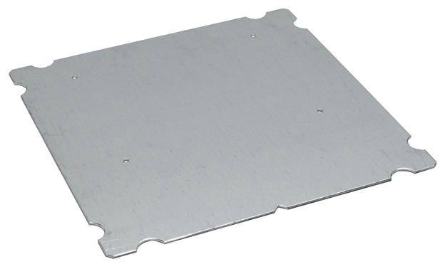 Metalowa płyta montażowa o zaokrąglonych narożnikach, prostokątna w kształcie. Posiada otwory do mocowania.