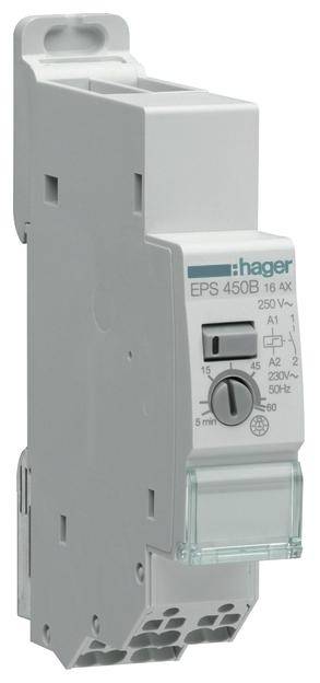 Elektroniczny wyłącznik czasowy marki Hager, model EPS 450B, przystosowany do obciążenia 16A i 250V, wyposażony w pokrętło regulacyjne oraz wskaźnik LED.