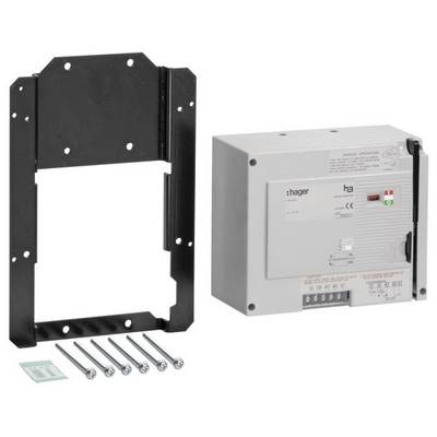 Elektryczny element składowy z ramą metalową, czterema śrubami i instrukcją montażu. Urządzenie posiada zielony i czerwony przełącznik.