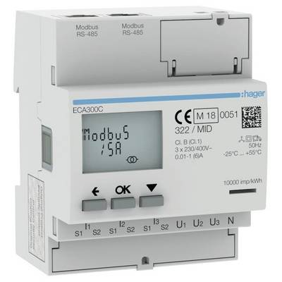 Elektryczny miernik energii z wyświetlaczem cyfrowym. Wyświetla tekst 'Modbus 15A'. Posiada oznaczenie CE i specyfikacje techniczne.