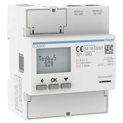 'Cyfrowy licznik energii elektrycznej marki Hager, model ECA380D, z interfejsem Modbus RS-485, 80 A, certyfikat CE, przeznaczony do systemów 230/400 V.'