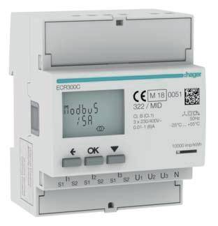 Cyfrowy licznik Hager z wyświetlaczem LCD, wyświetlający 'Modbus iSA'. Posiada przyciski nawigacyjne, idealny do pomiaru energii i sterowania.