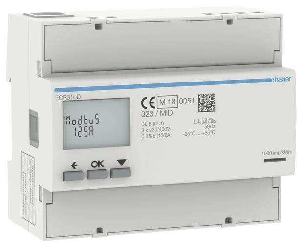 Cyfrowy licznik prądu przemiennego z funkcją Modbus, wskazaniem '125A', oznaczeniem producenta i znakiem CE, przeznaczony do stosowania w sieciach trójfazowych.