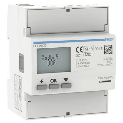 Biały licznik energii z wyświetlaczem cyfrowym pokazuje 'Modbus 80A'. Znak firmowy i oznaczenie modelu w lewym górnym rogu. Trzy przyciski sterujące poniżej.