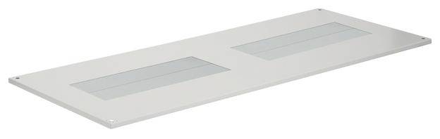 Biała prostokątna płyta osłonowa z dwoma podłużnymi, zagłębionymi otworami. Nadaje się do instalacji w sufitach lub ścianach.