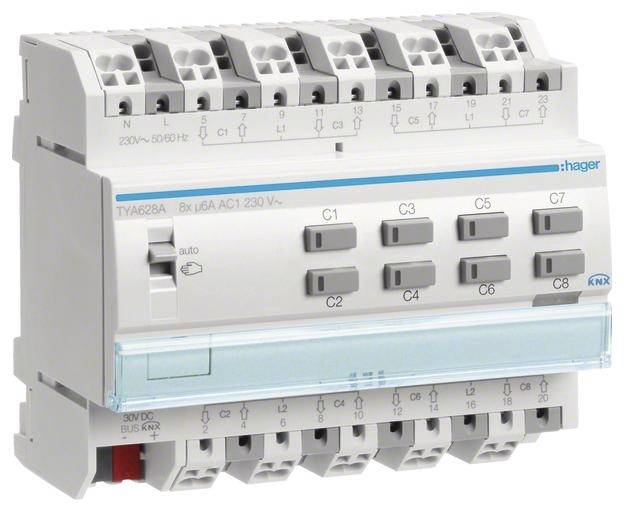 Biały, smukły moduł aktorowy na szynie DIN z wieloma gniazdami, przełącznikami i oznaczeniami, przeznaczony do instalacji elektrycznych.
