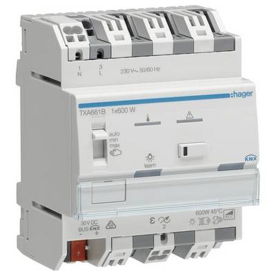 Biały, szczupły aktor przełączający KNX firmy Hager z trzema przełącznikami, o numerze modelu TXA661B, przeznaczony do sieci 230 V, 50/60 Hz. Posiada opcje ustawień takie jak Auto, Min, Max oraz funkcję uczenia się.