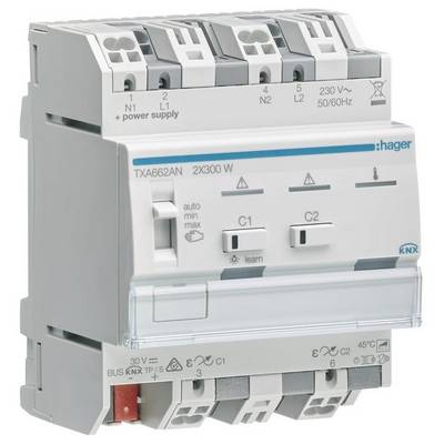 Aktor KNX firmy Hager, model TXA662A, służący do sterowania obciążeniami elektrycznymi. Przedstawia przełączniki i złącza do automatyzacji domu.