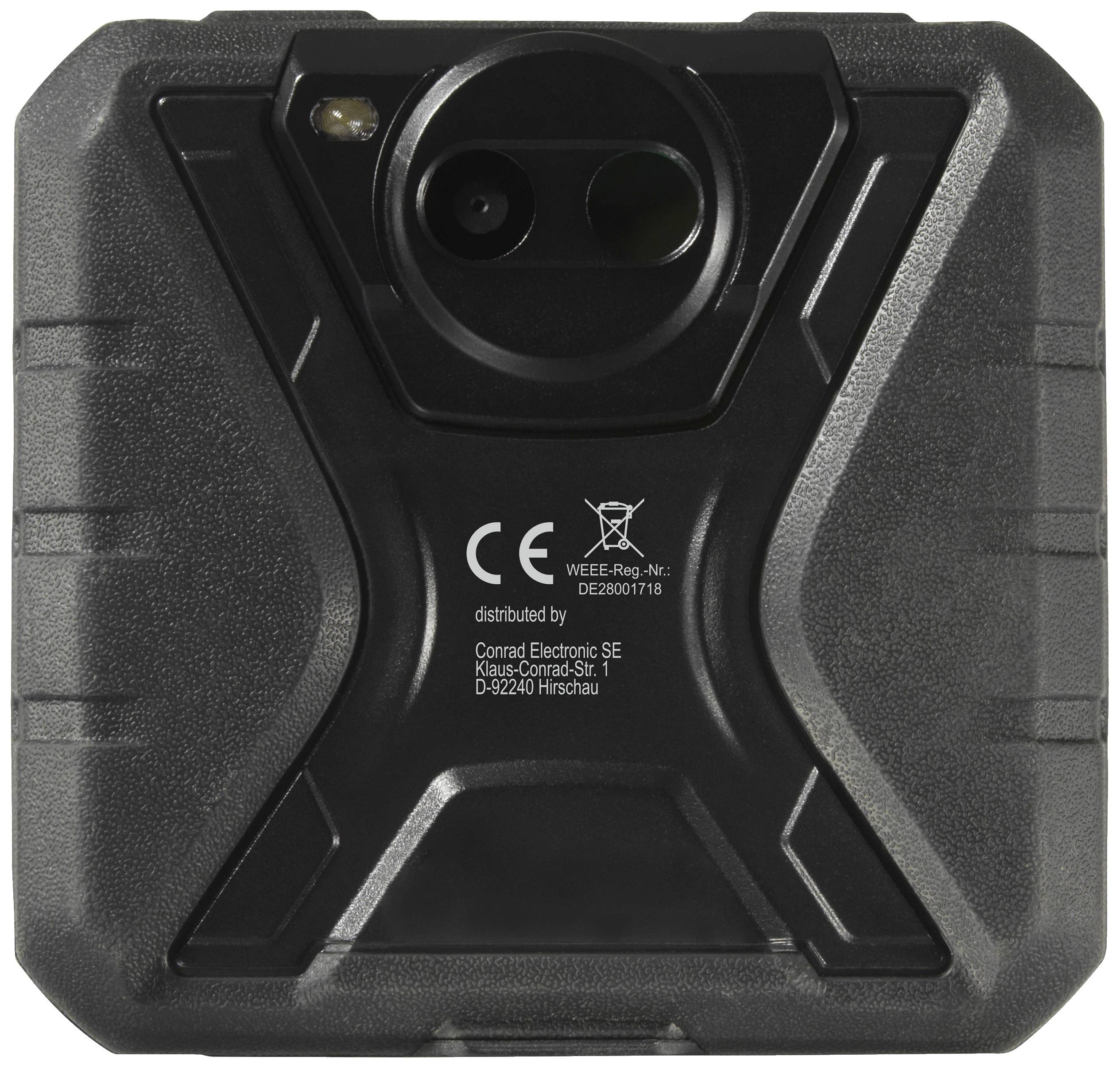 Tył czarnej kamery z dwoma obiektywami i oznakowaniem CE, dystrybuowanej przez Conrad Electronic SE.