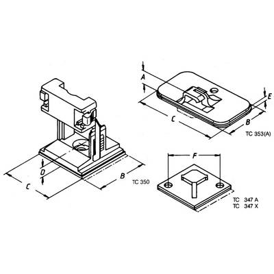 Rysunek techniczny złączy montażowych i uchwytów z wymiarami A, B, C, D, E, F dla różnych modeli: TC 353(A), TC 350, TC 347 A, TC 347 X.