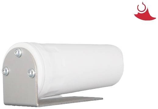 Cylindryczny, poziomo zamontowany przedmiot z białą powierzchnią i metalowym mocowaniem. Czerwone logo w prawym górnym rogu.