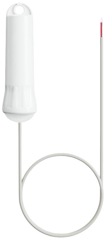 Biały czujnik temperatury z długim przewodem, odpowiedni do pomiarów wewnątrz i na zewnątrz pomieszczeń.