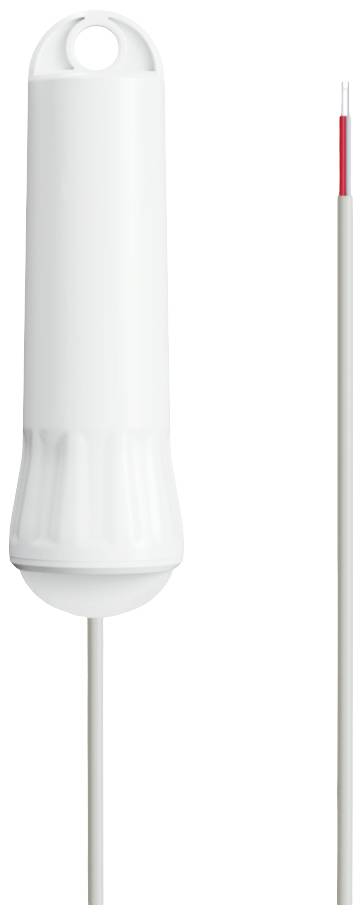 Biały czujnik temperatury z długim przewodem. Czujnik ma kształt cylindryczny z uchwytem na górze i czerwonym końcem przewodu.
