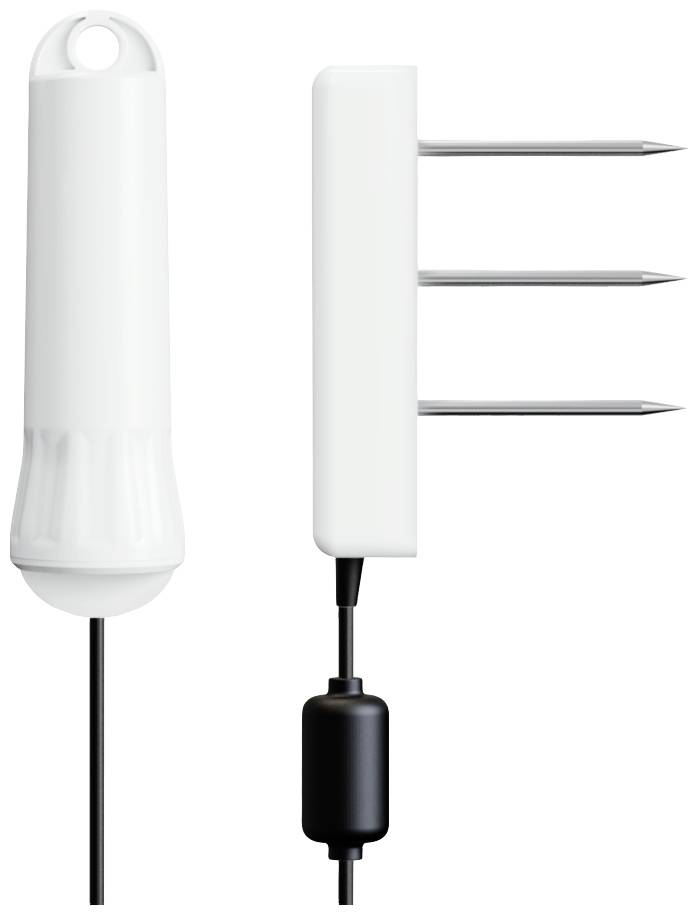 Dwie białe sondy elektroniczne obok siebie. Po lewej: cylindryczna, z przewodem. Po prawej: płaska, z trzema metalowymi końcówkami.