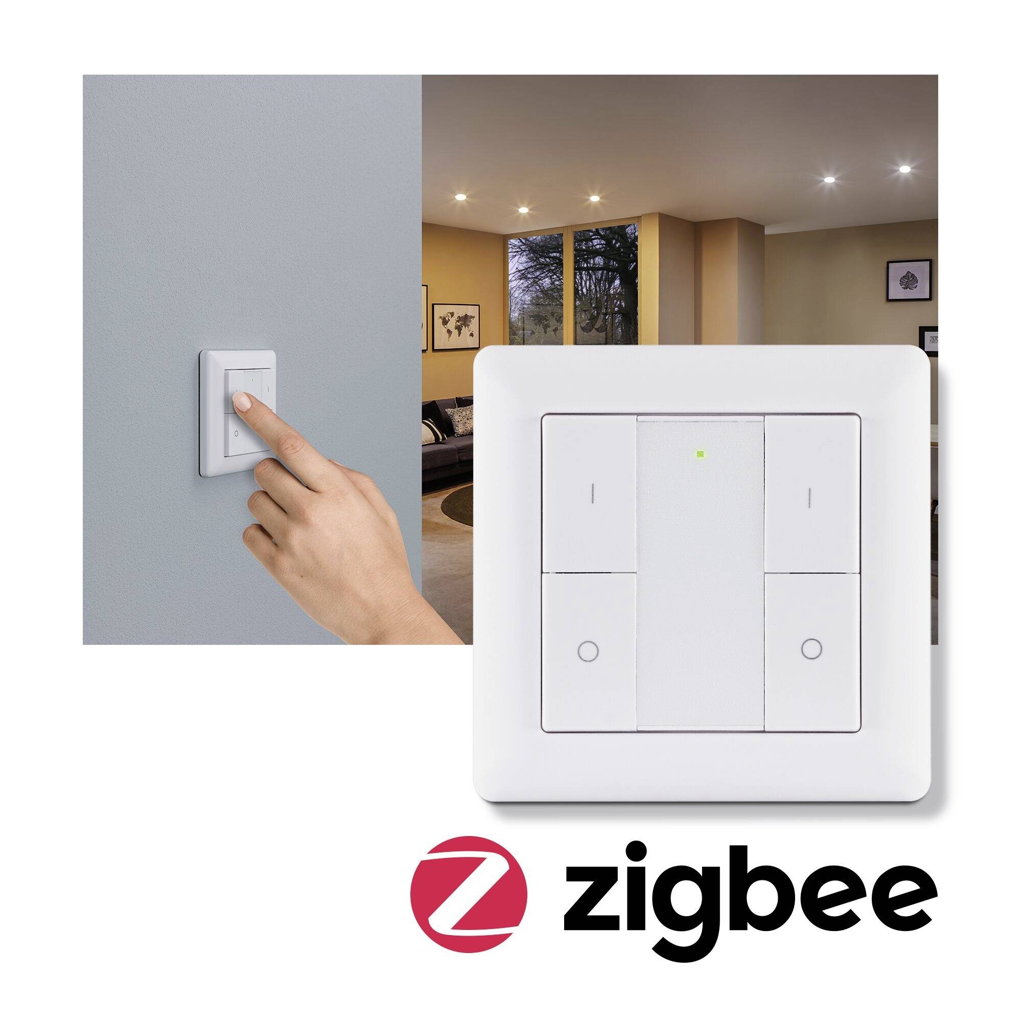 Zdalnie sterowany włącznik światła z logo Zigbee. Na ilustracji przedstawiono włącznik światła na ścianie oraz nowoczesne, dobrze oświetlone wnętrze mieszkania.