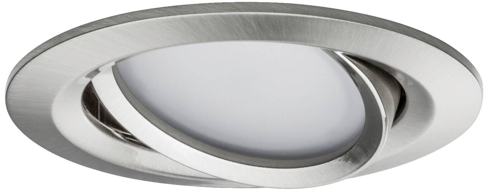 Srebrny reflektor LED z obrotową ramą, odpowiedni do nowoczesnego oświetlenia wnętrz. Okrągły kształt, dyskretny design.