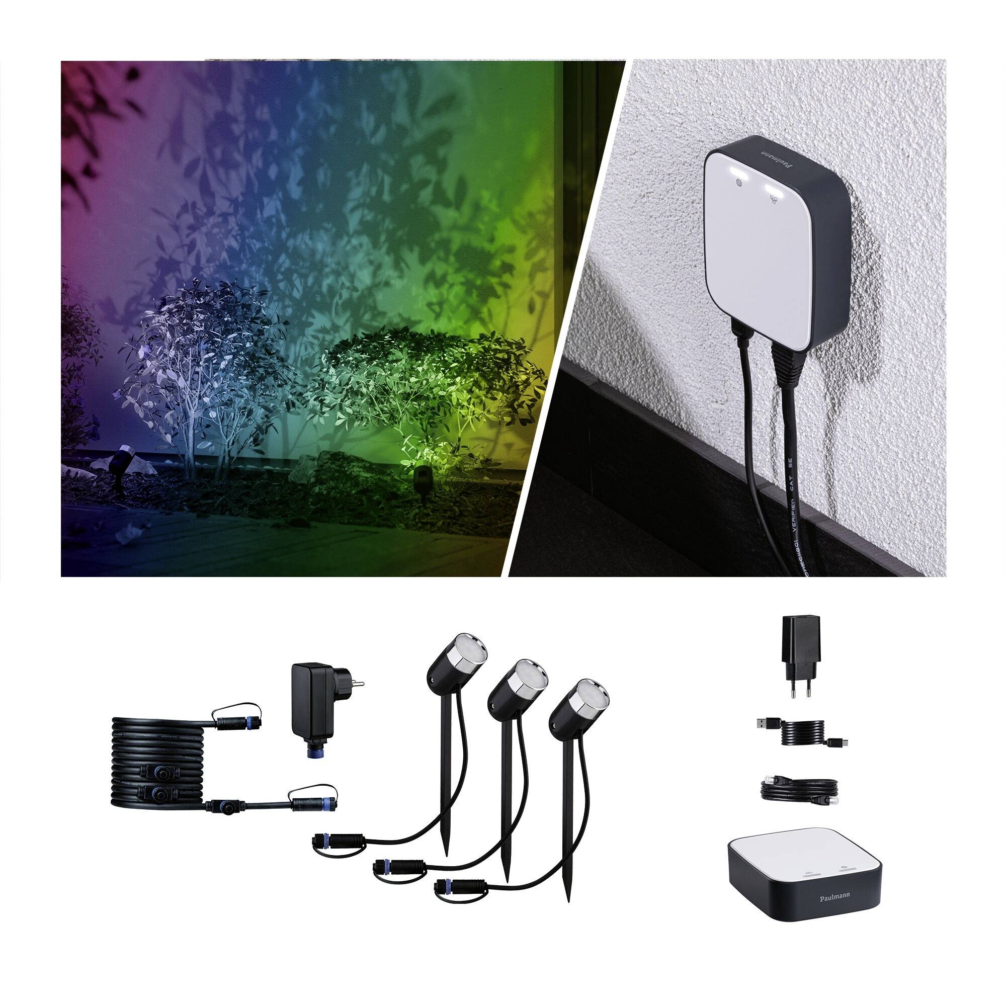 Ogród jest oświetlony kolorowymi światłami nocą. Zbliżenie na podłączoną lampę ścienną.