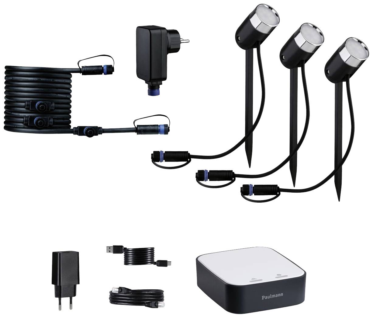 System oświetlenia zewnętrznego składający się z trzech lamp wtykowych, kabli połączeniowych, adaptera i jednostki sterującej, przeznaczony do oświetlenia ogrodu.