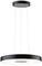 Nowoczesna, okrągła lampa wisząca z czarną ramą i białym kloszem, zawieszona na czterech linkach sufitowych.