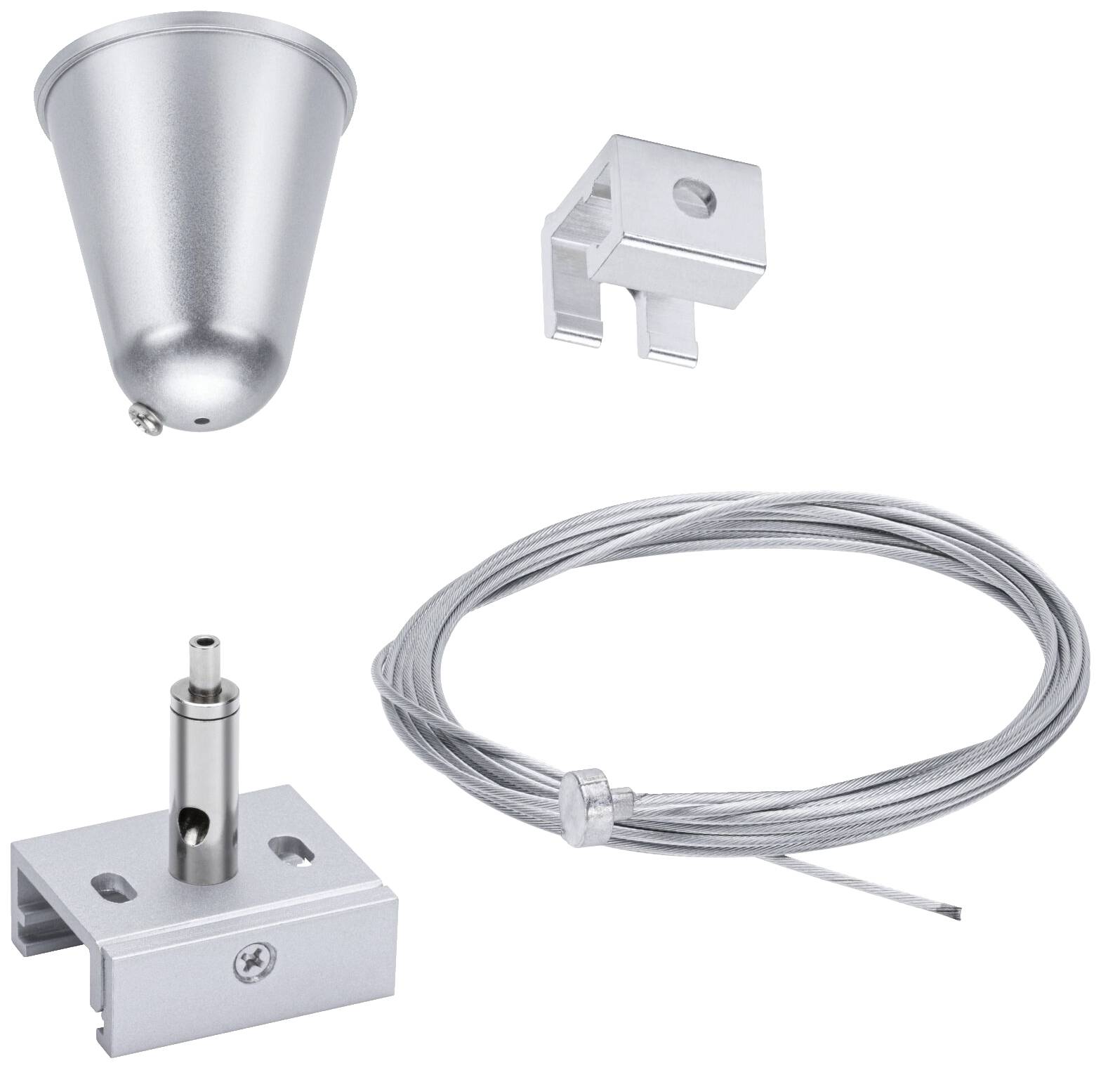 Zestaw systemu zawieszenia sufitowego składający się z stożkowego zawiesia sufitowego, klipsa metalowego, regulowanego uchwytu oraz linki stalowej do montażu tablic.