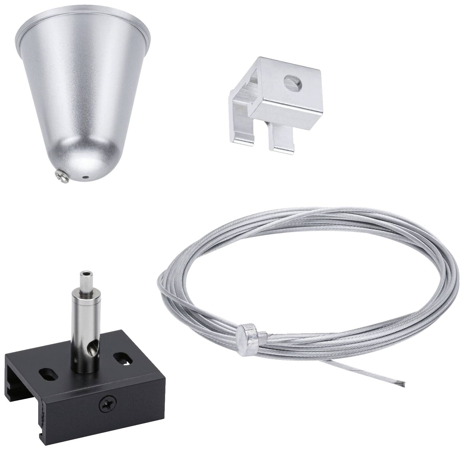 Zestaw do montażu sufitowego, składający się z srebrnego uchwytu sufitowego, zacisku, jednostki mocującej oraz linki stalowej.