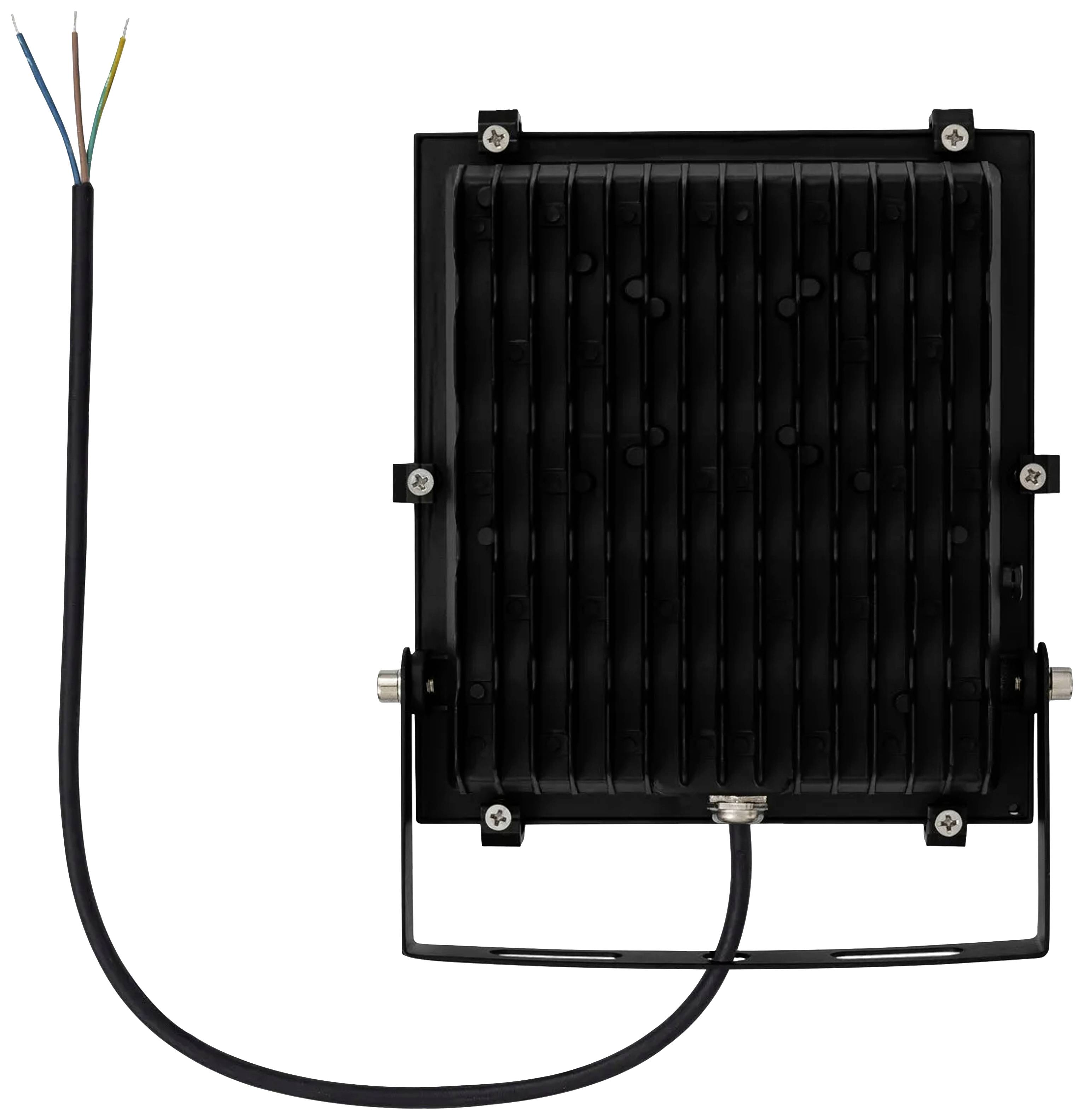 Czarny naświetlacz LED z przewodem, widok z tyłu. Odpowiedni do oświetlenia zewnętrznego.