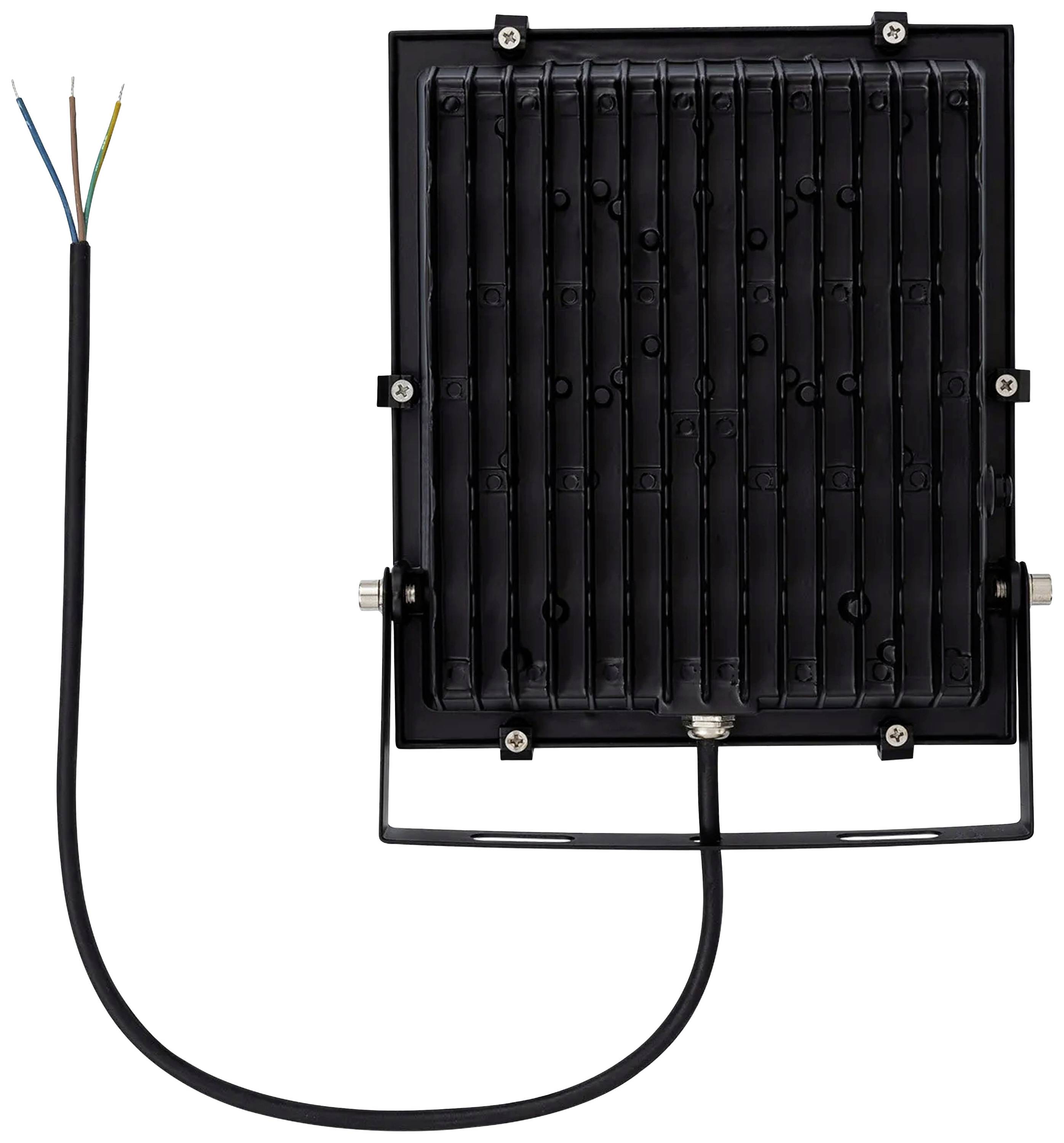 Czarny naświetlacz LED z przewodem. Widok z tyłu przedstawia żeberka chłodzące i ramę montażową. Przeznaczenie: oświetlenie zewnętrzne.