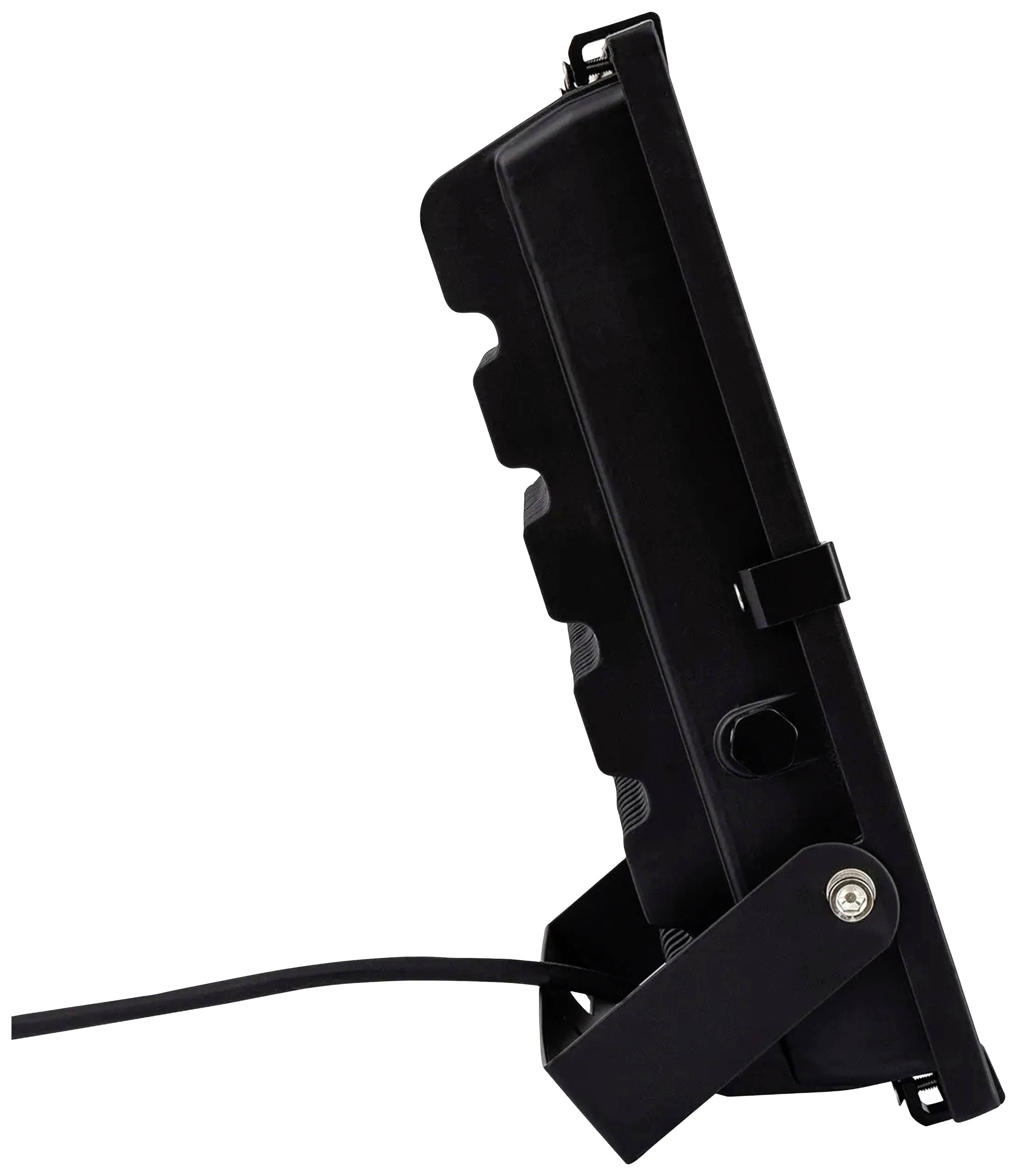 Czarny reflektor LED z widocznym profilem bocznym, przewodem i regulowaną podstawą, przeznaczony do oświetlenia zewnętrznego.