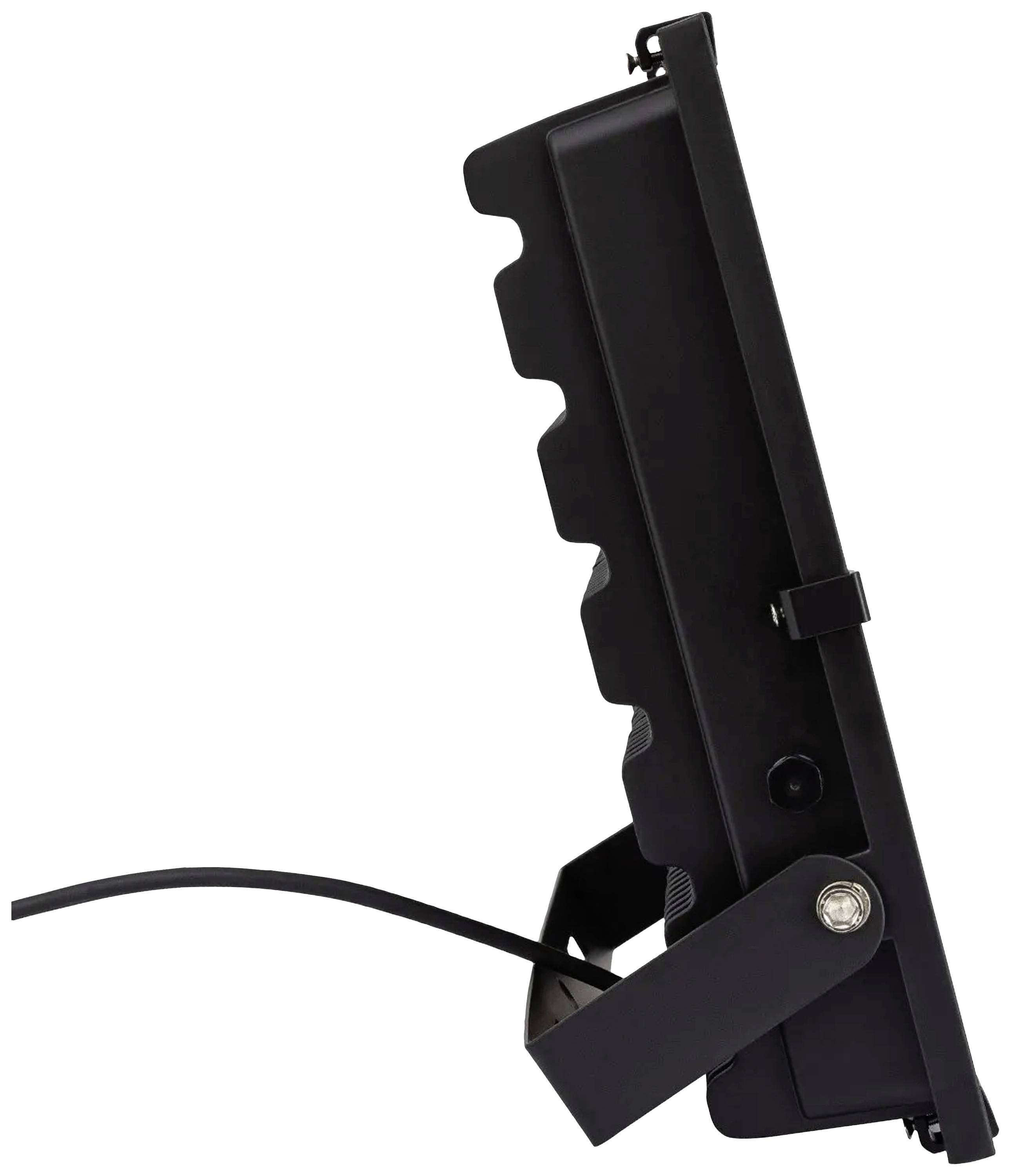 Widok z boku czarnego reflektora LED z przewodem podłączonym u dołu.