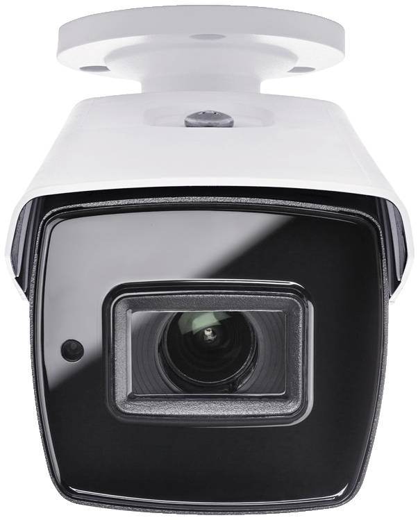 Kamera monitorująca w czarno-białej obudowie, zamontowana na suficie, do celów nadzoru bezpieczeństwa.