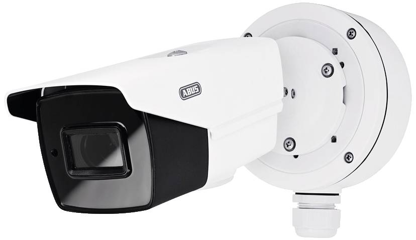 Biała kamera monitoringu z prostokątną obudową i osłoną obiektywu, zamontowana na okrągłym uchwycie do nadzoru bezpieczeństwa.