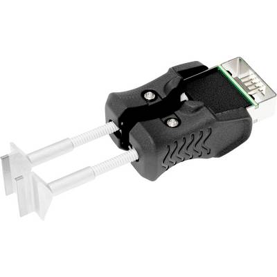 Adapter o czarnej, ergonomicznej formie z metalowymi wspornikami. Służy do łączenia określonych komponentów sprzętowych.