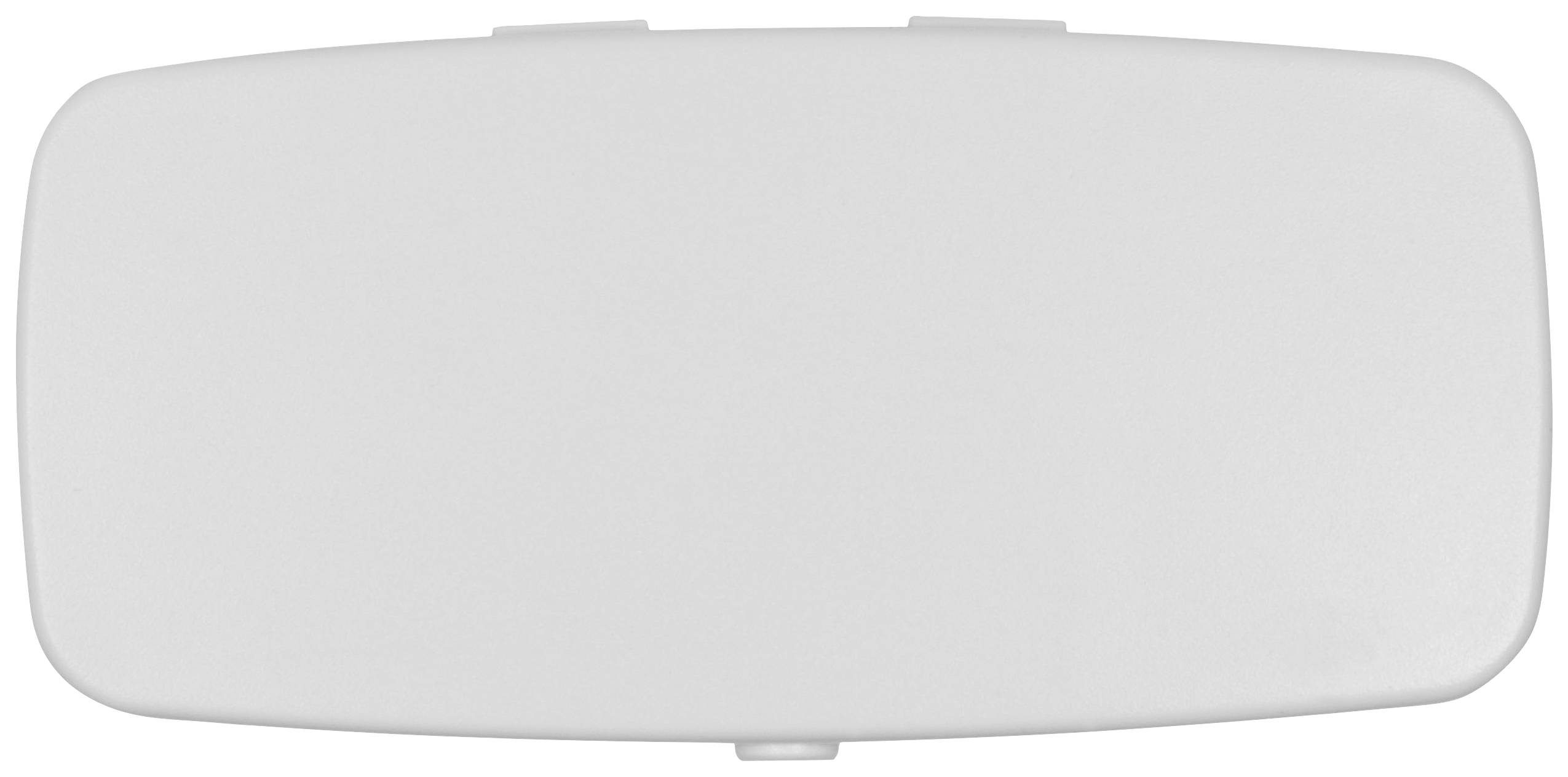 Prostokątne białe pudełko z tworzywa sztucznego zaokrąglonymi rogami i pokrywą na zawiasach.