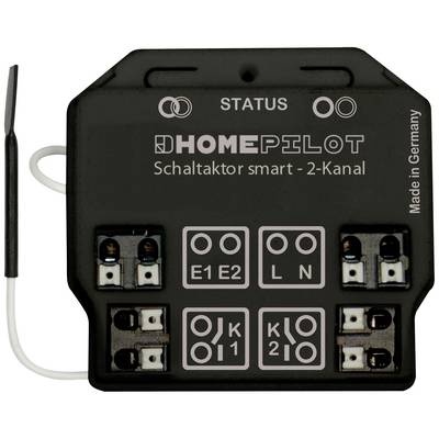 Elektroniczny aktor przełączający czarno-biały 'HomePilot 2-kanałowy' z wyświetlaczem statusu i zaciskami przyłączeniowymi, 'Made in Germany'.