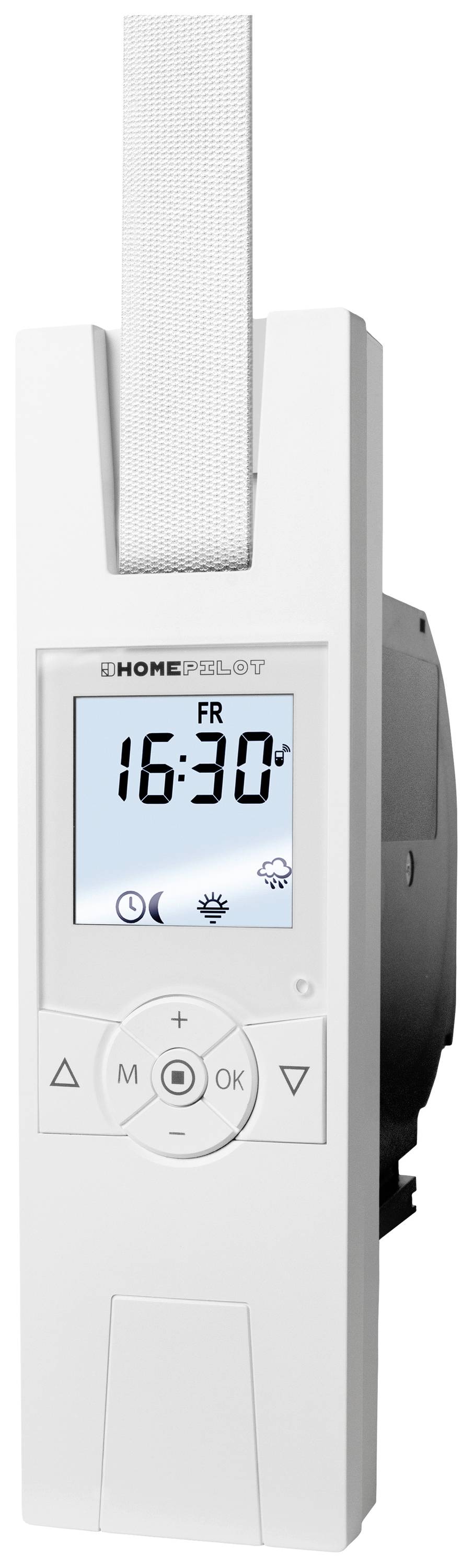 Elektryczny zwijacz pasa bezpieczeństwa wyświetla na wyświetlaczu godzinę '16:30' w piątek. Poniżej widoczne są symbole słońca i chmur.